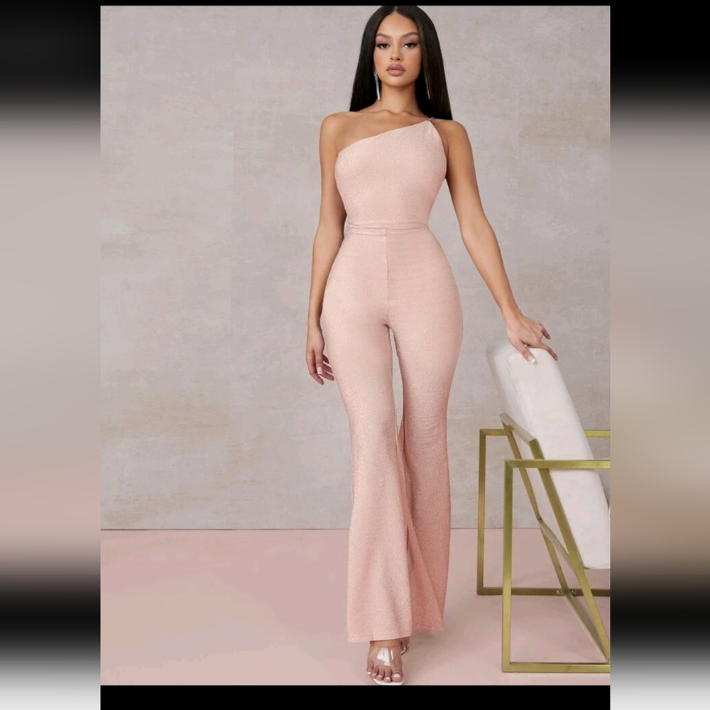 Glitter blush pink Open-Back One-Shoulder Flare Jumpsuit